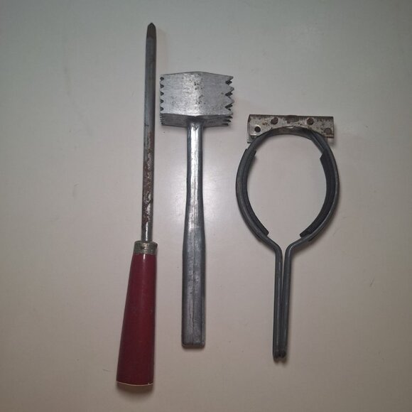 Vintage Kitchen Utensils Jar Opener Knife Sharpener Meat Hammer Tenderizer Can - Picture 1 of 11